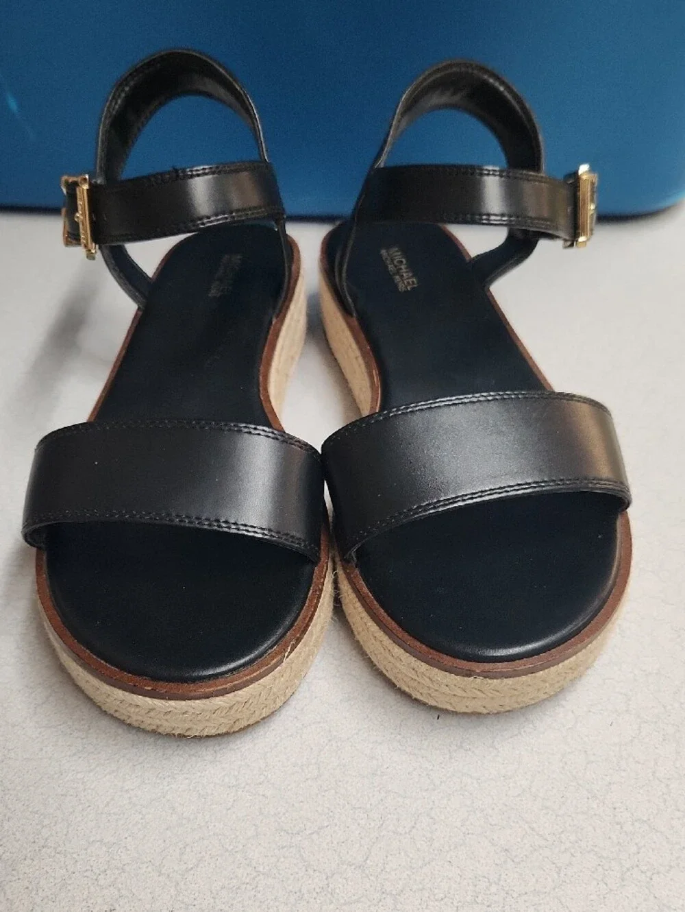 Michael Kors Black Leather Espadrille Platform Sandals with Gold MK Buckle
